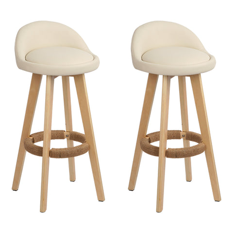 2x Bar Stools Padded Leather Wooden Beige