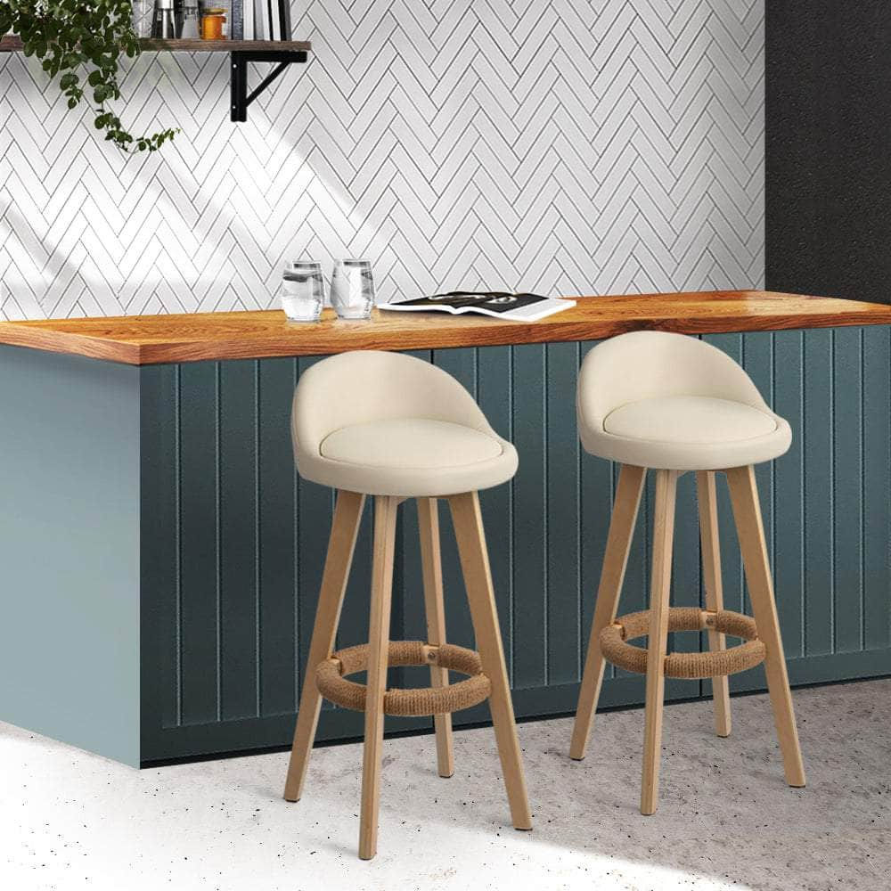 2x Bar Stools Padded Leather Wooden Beige