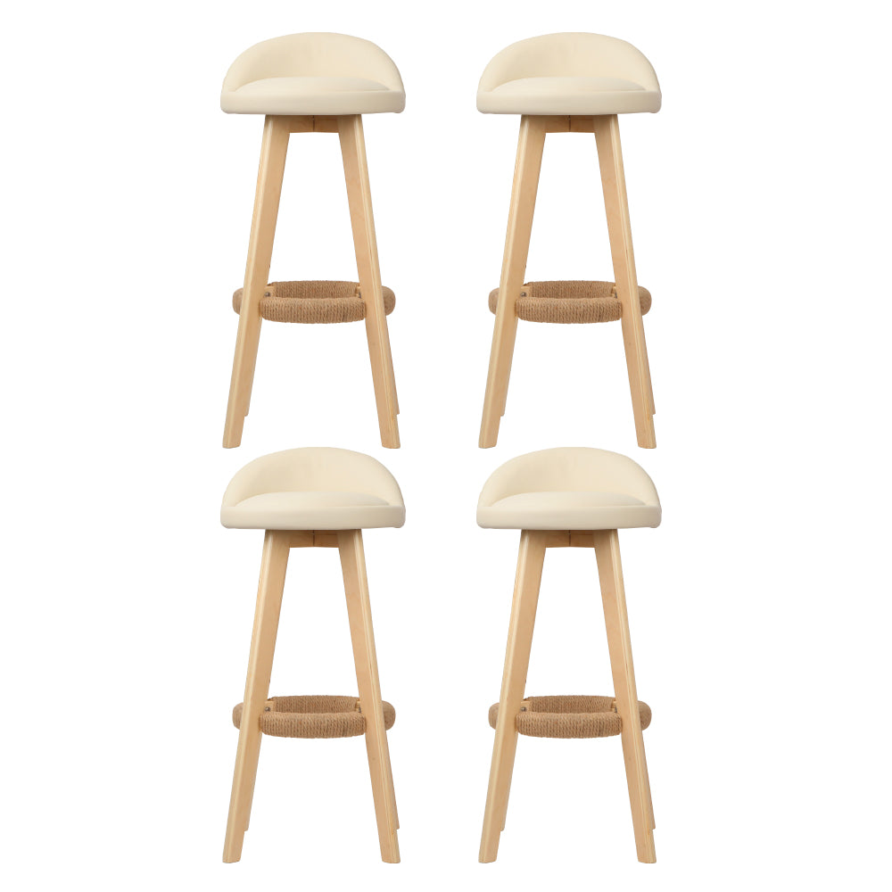 4x Bar Stools Padded Leather Wooden Beige Comfortable