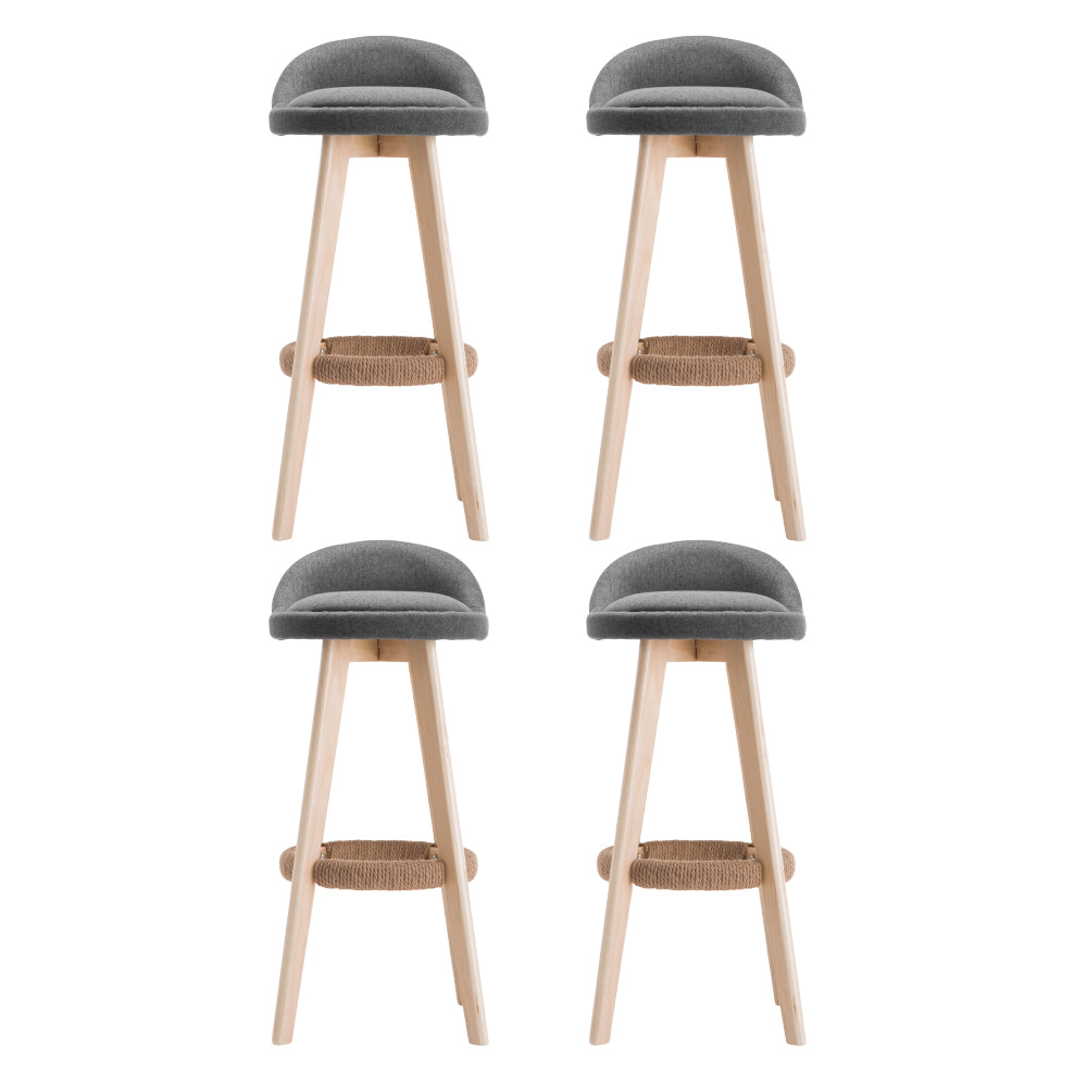 4x Bar Stools Padded Linen Wooden Grey