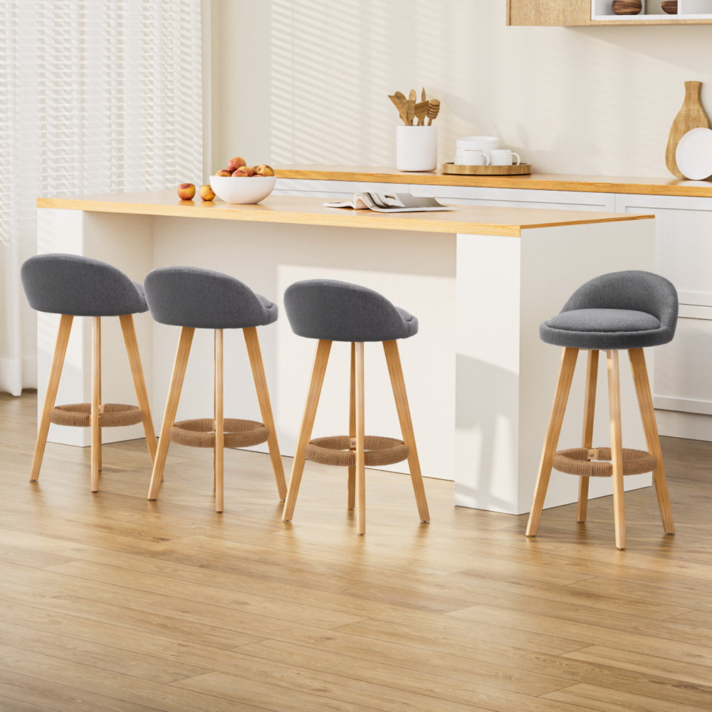 4x Bar Stools Padded Linen Wooden Grey