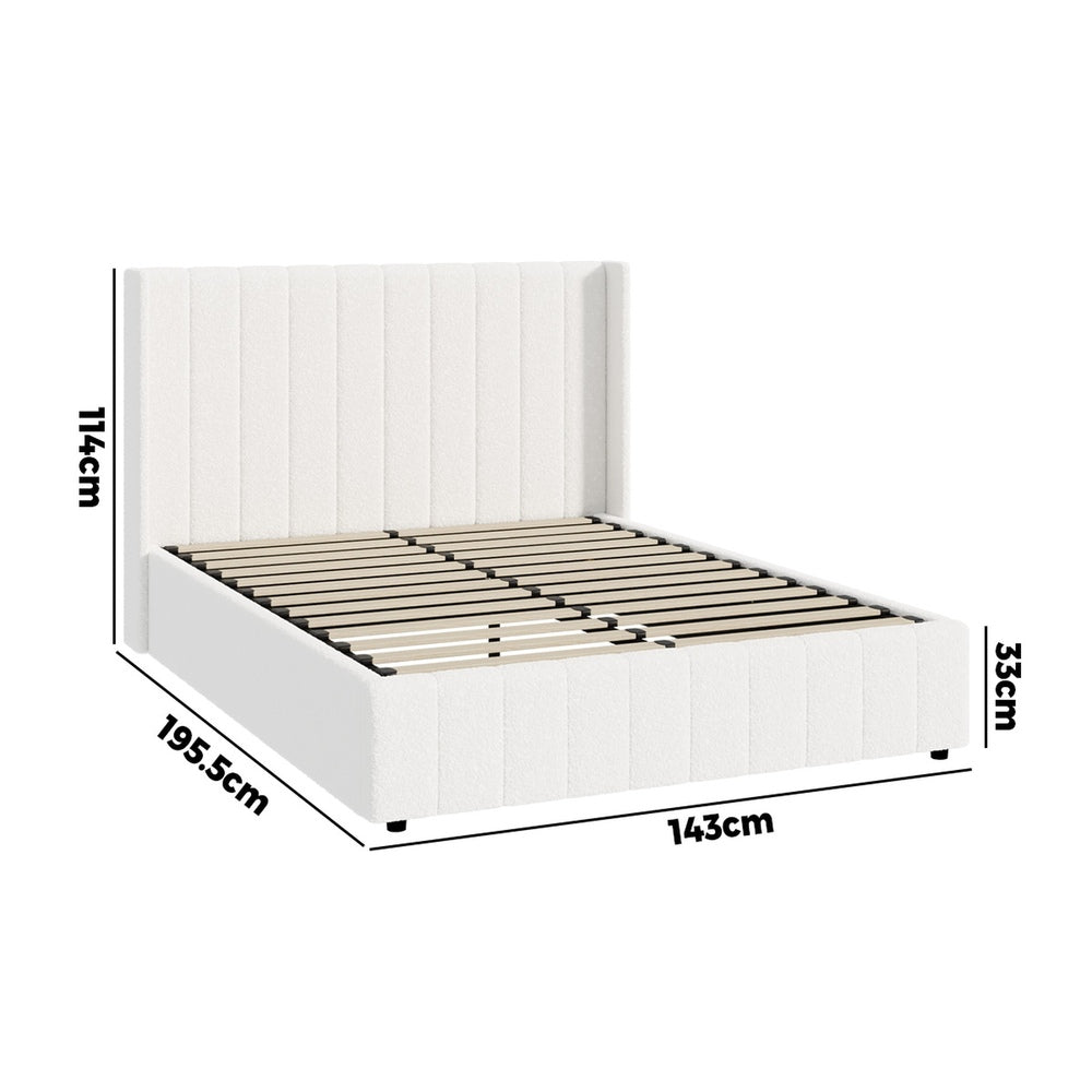 Bed Frame Double Size Gas Lift Base Boucle Fabric White