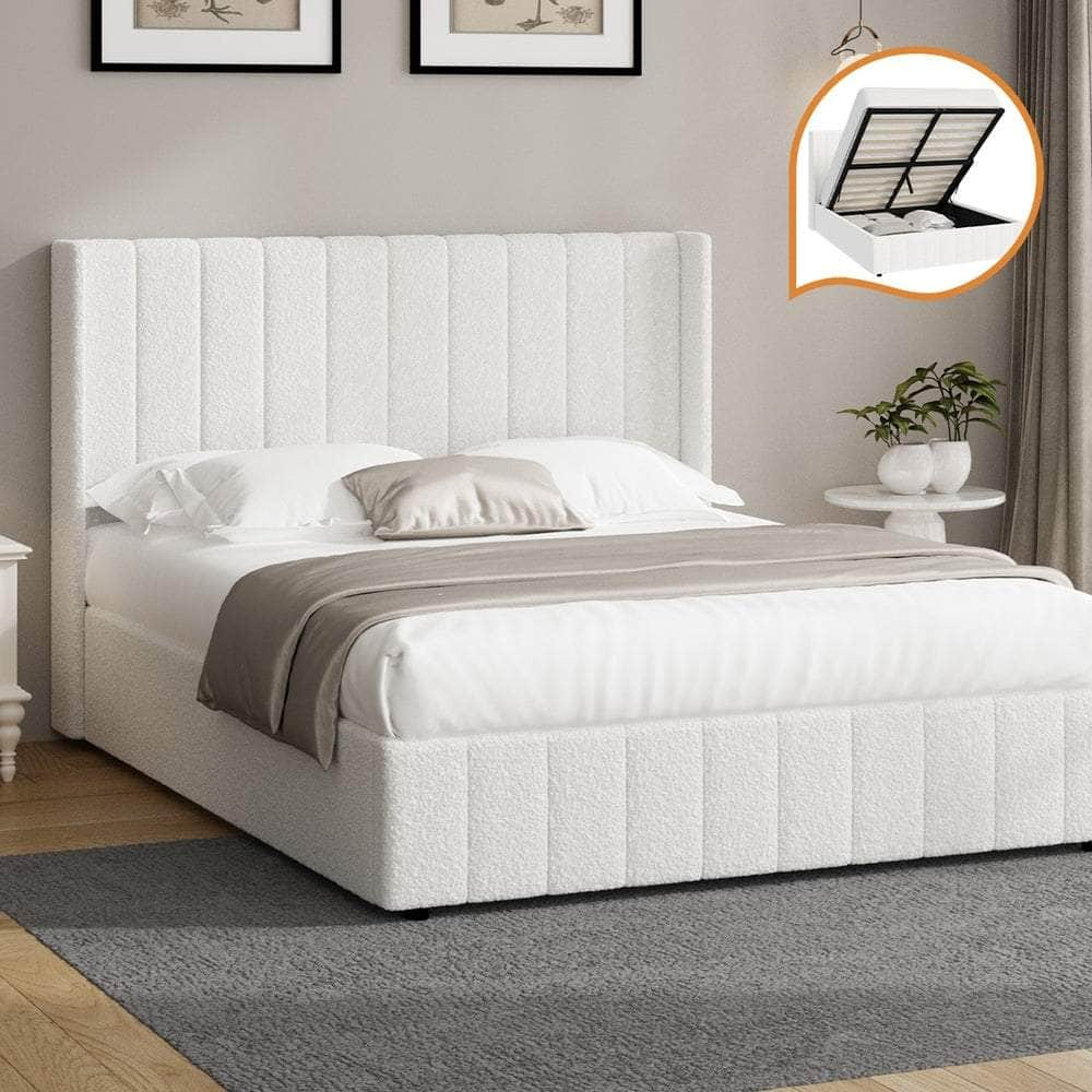 Bed Frame Double/King/King Single/Queen Size Gas Lift Base Boucle Fabric White