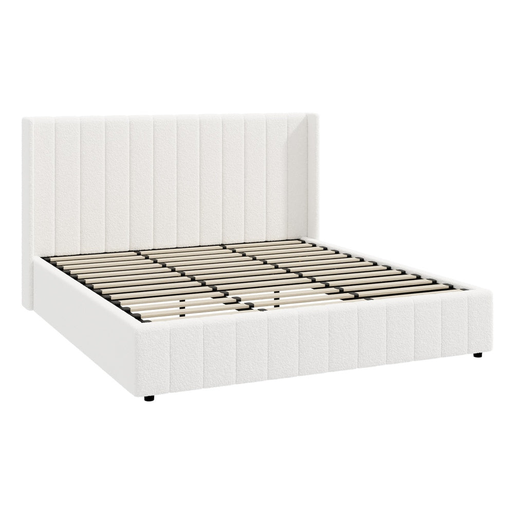 Bed Frame King Size Gas Lift Base Boucle Fabric White