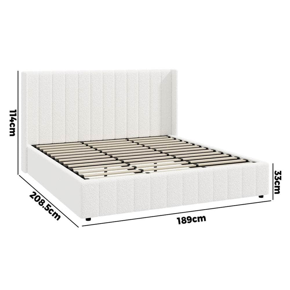 Bed Frame Double/King/King Single/Queen Size Gas Lift Base Boucle Fabric White