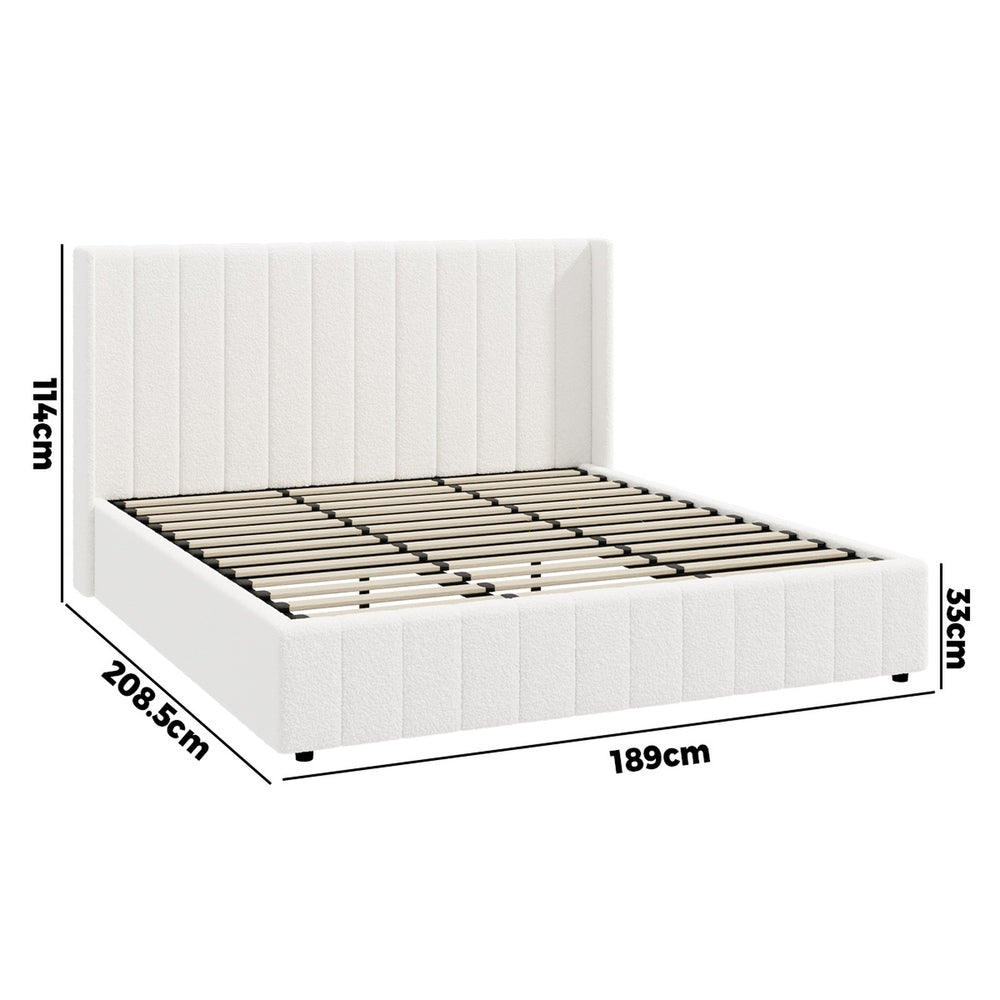 Bed Frame King Single Double Queen Gas Lift Base Boucle Fabric White