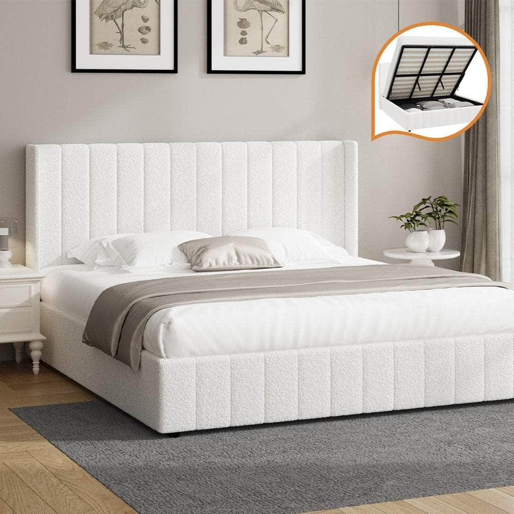 Bed Frame Double/King/King Single/Queen Size Gas Lift Base Boucle Fabric White