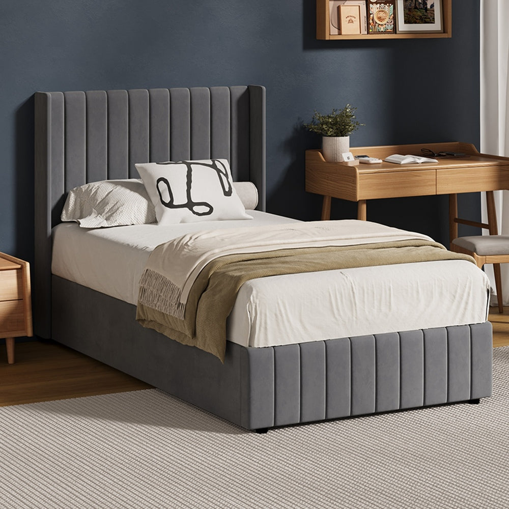 Bed Frame Double King Single Size Gas Lift Storage Base Velvet Grey