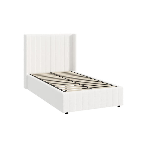 Bed Frame King Single Gas Lift Base Boucle Fabric White