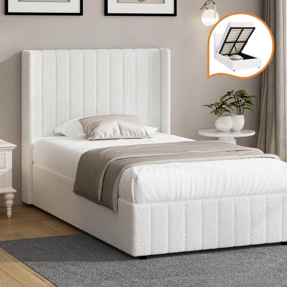 Bed Frame Double/King/King Single/Queen Size Gas Lift Base Boucle Fabric White