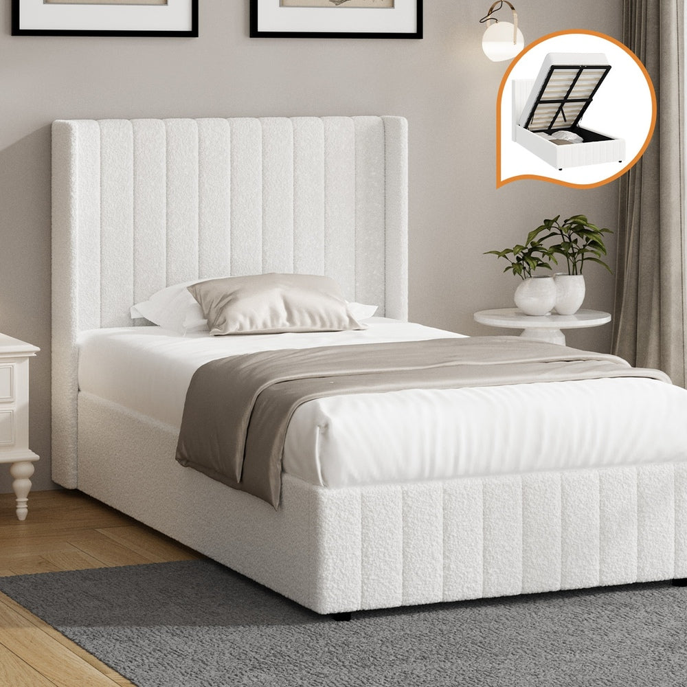 Bed Frame King Single Gas Lift Base Boucle Fabric White