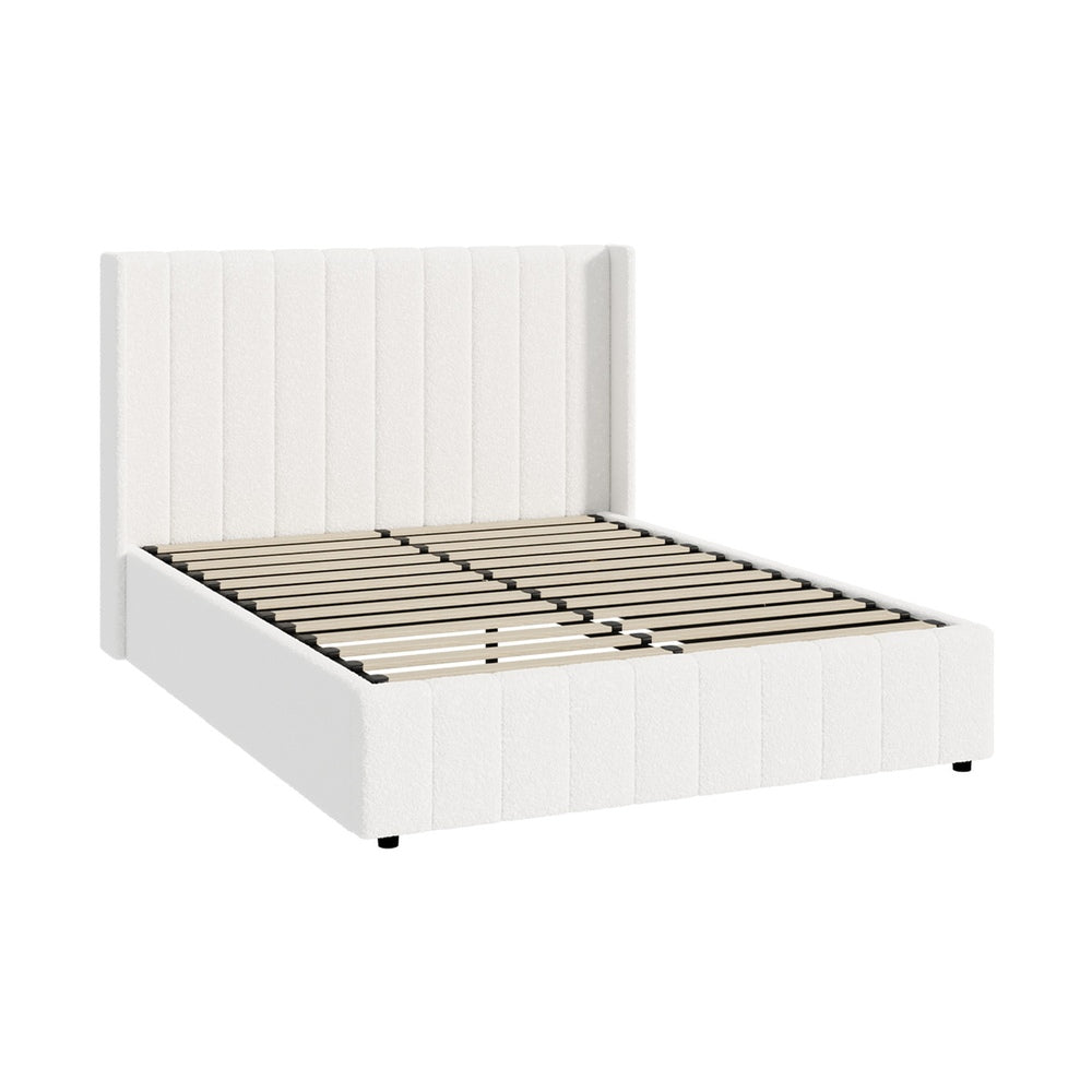 Bed Frame Queen Size Gas Lift Base Boucle Fabric White