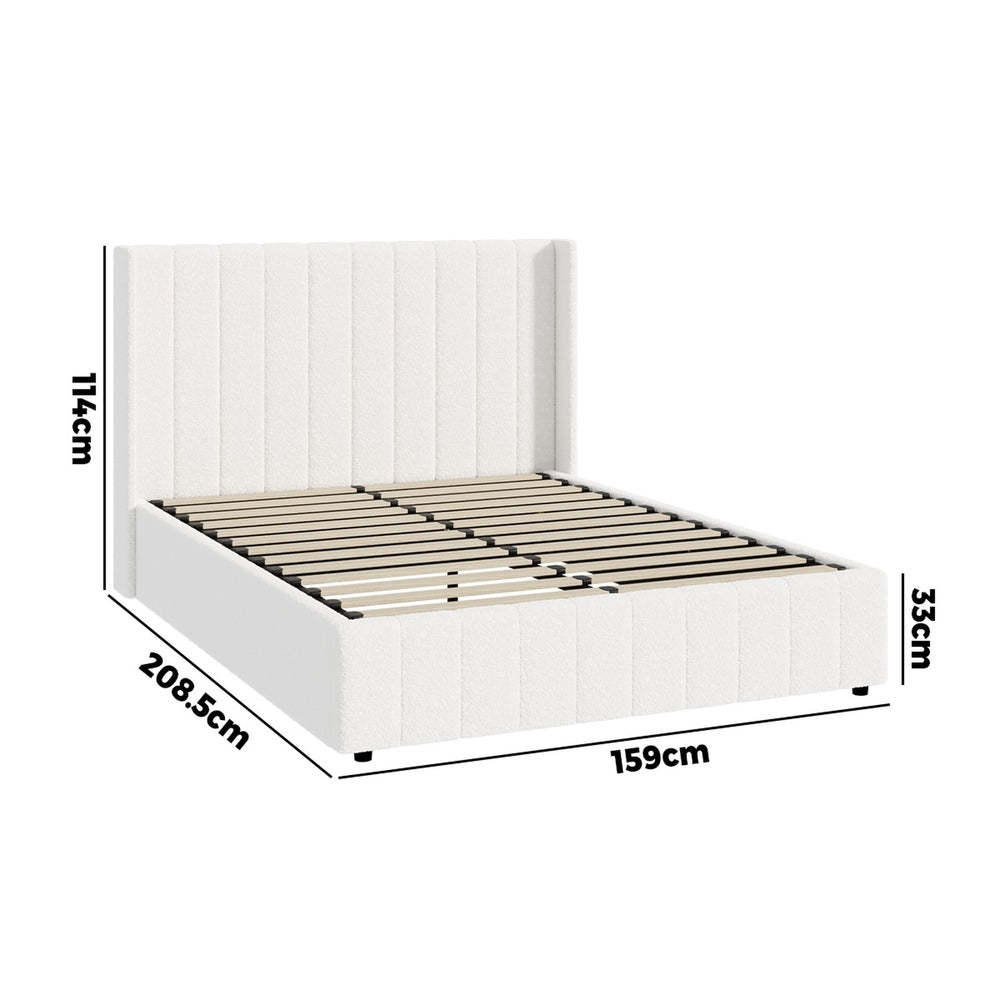 Bed Frame Queen Size Gas Lift Base Boucle Fabric White