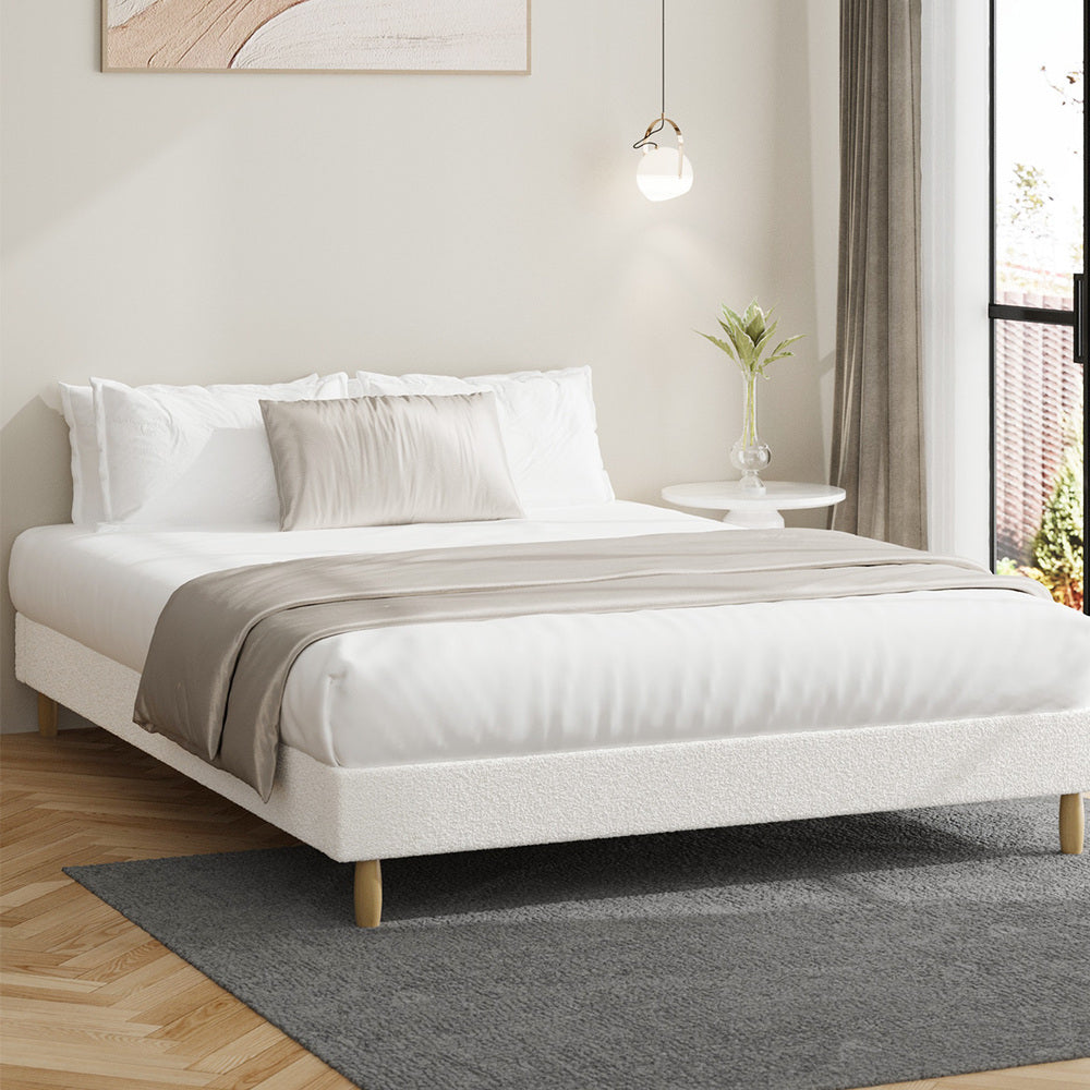 Bed Frame Single Size Bed Base White Boucle