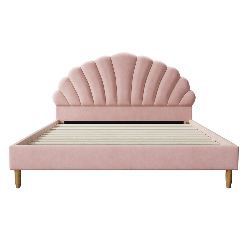 Bed Frame Double Size Scallop-Shape Bedhead Pink Velvet