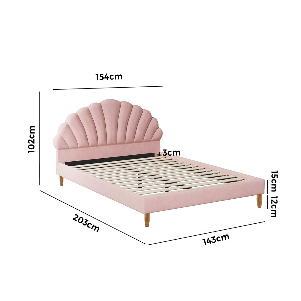 Bed Frame Double Size Scallop-Shape Bedhead Pink Velvet