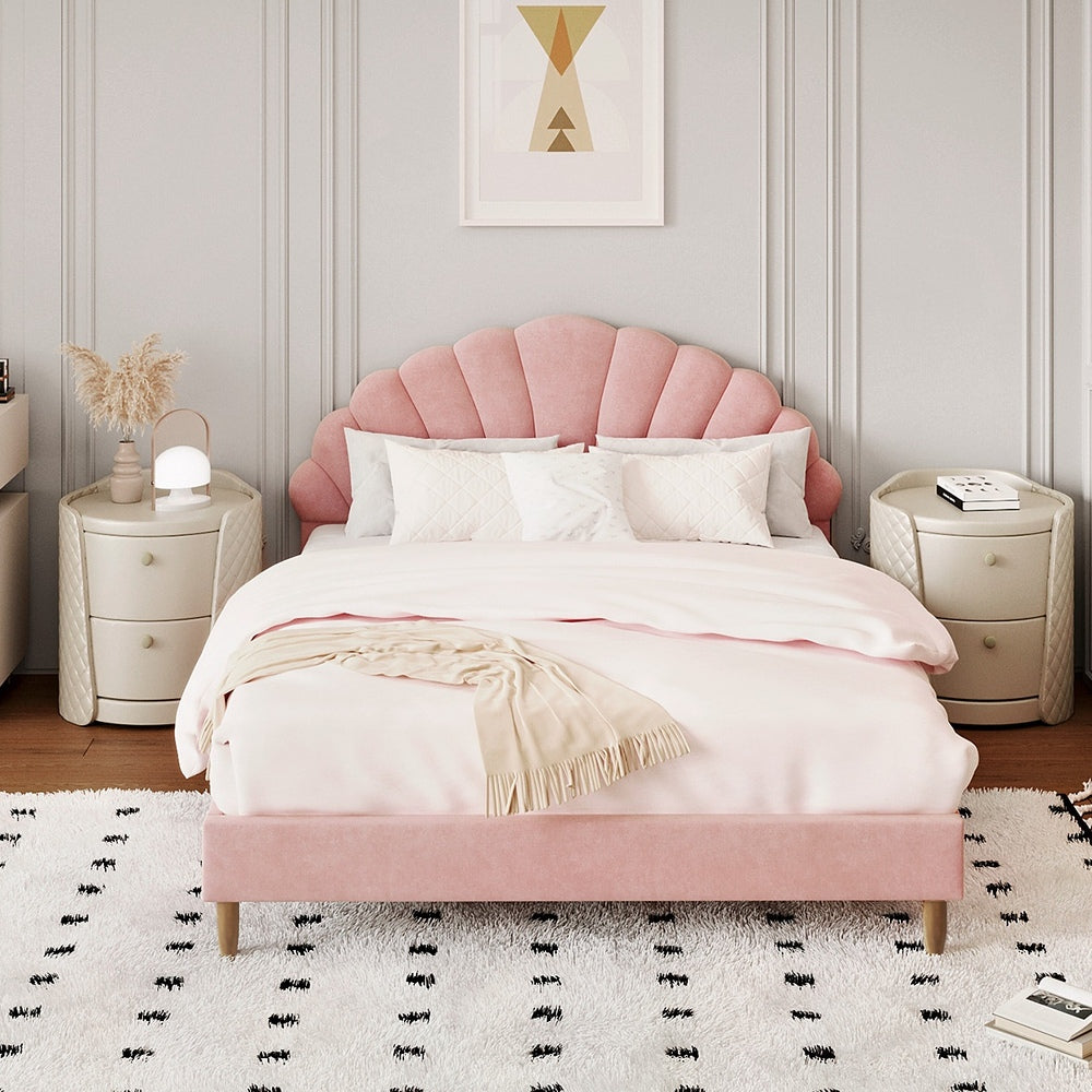 Bed Frame Double Size Scallop-Shape Bedhead Pink Velvet