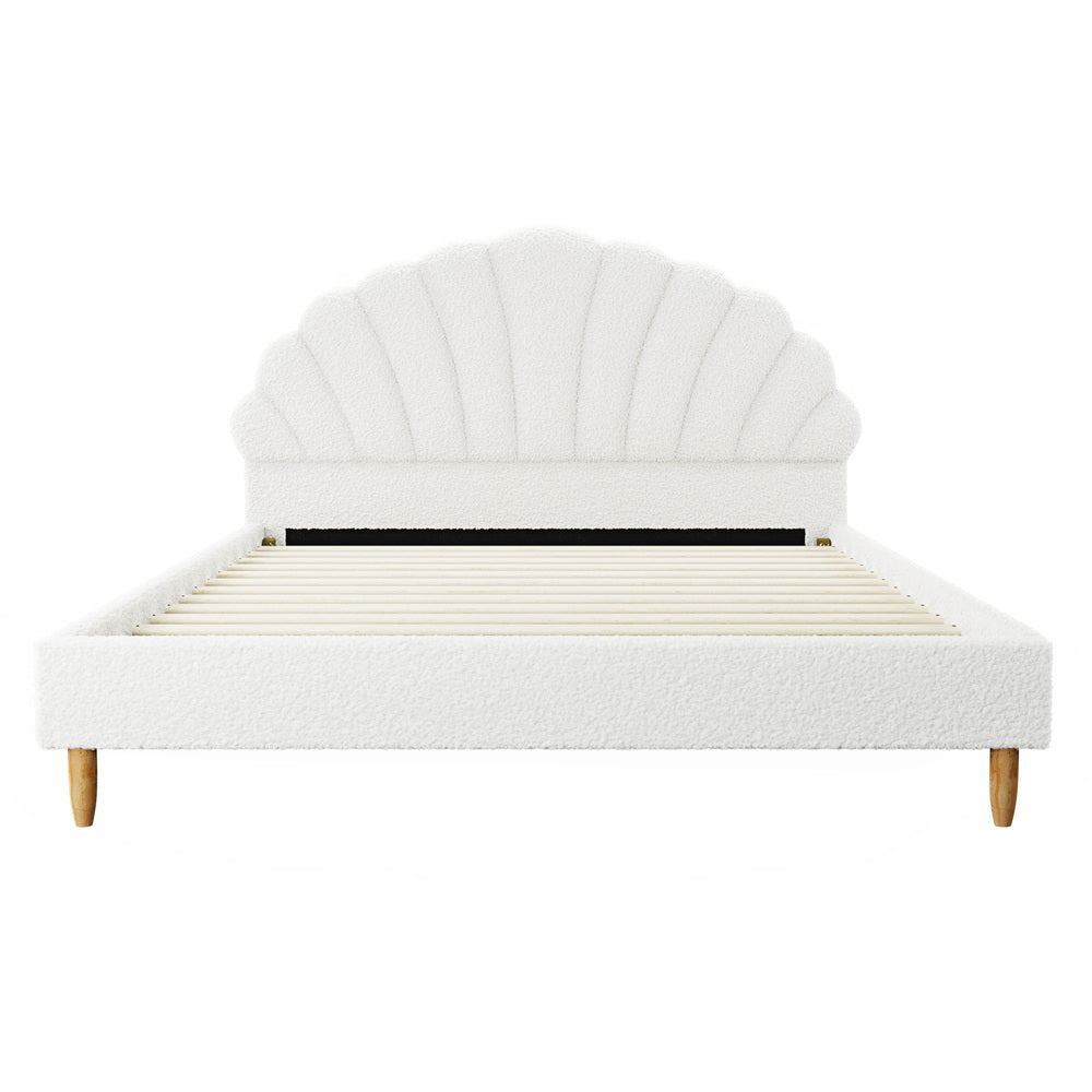 Bed Frame Double Size Scallop-Shape Bedhead White Boucle