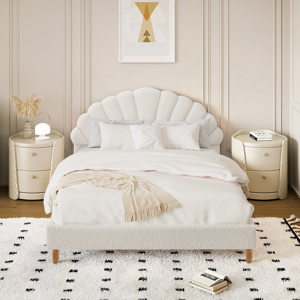 Bed Frame Double Size Scallop-Shape Bedhead White Boucle