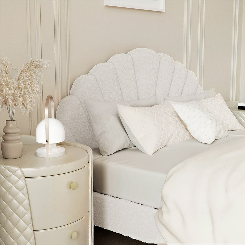 Bed Frame Double Size Scallop-Shape Bedhead White Boucle