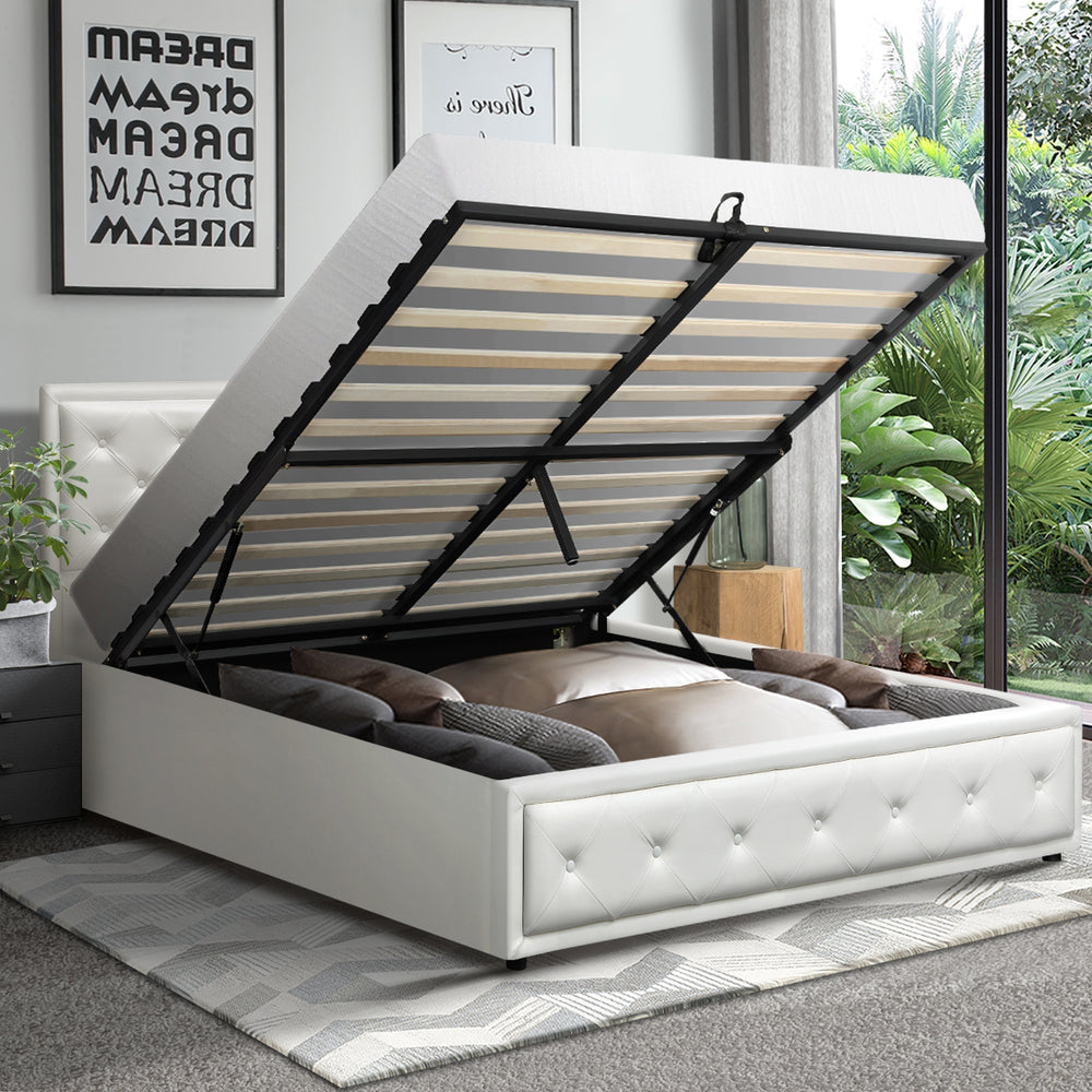 Double Bed Frame with Storage Space Gas Lift Bed Mattress Base White