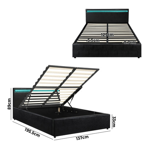 Bed Frame RGB LED Gas Lift Storage Base Black