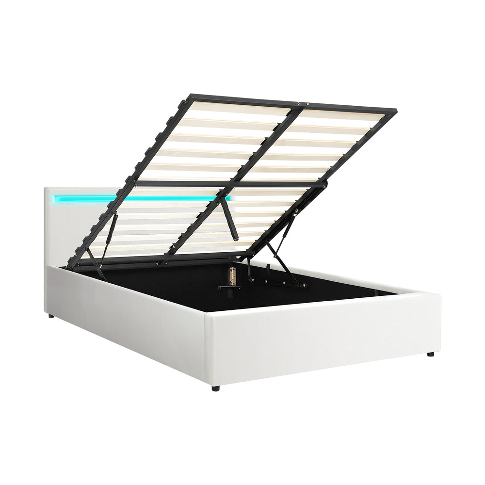 Bed Frame RGB LED King Single/Queen/Double Gas Lift Storage Base White