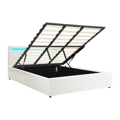 Bed Frame RGB LED King Single/Queen/Double Gas Lift Storage Base White