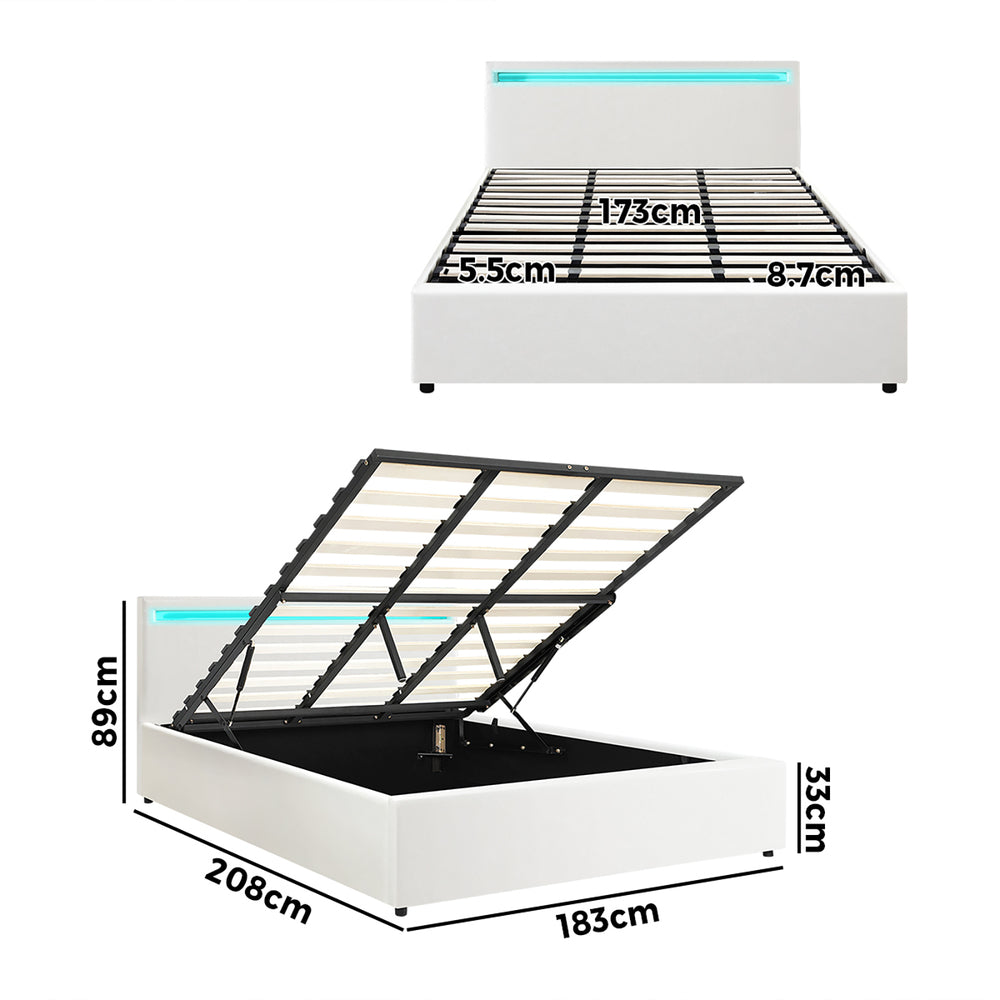 Bed Frame RGB LED King Single/Queen/Double Gas Lift Storage Base White