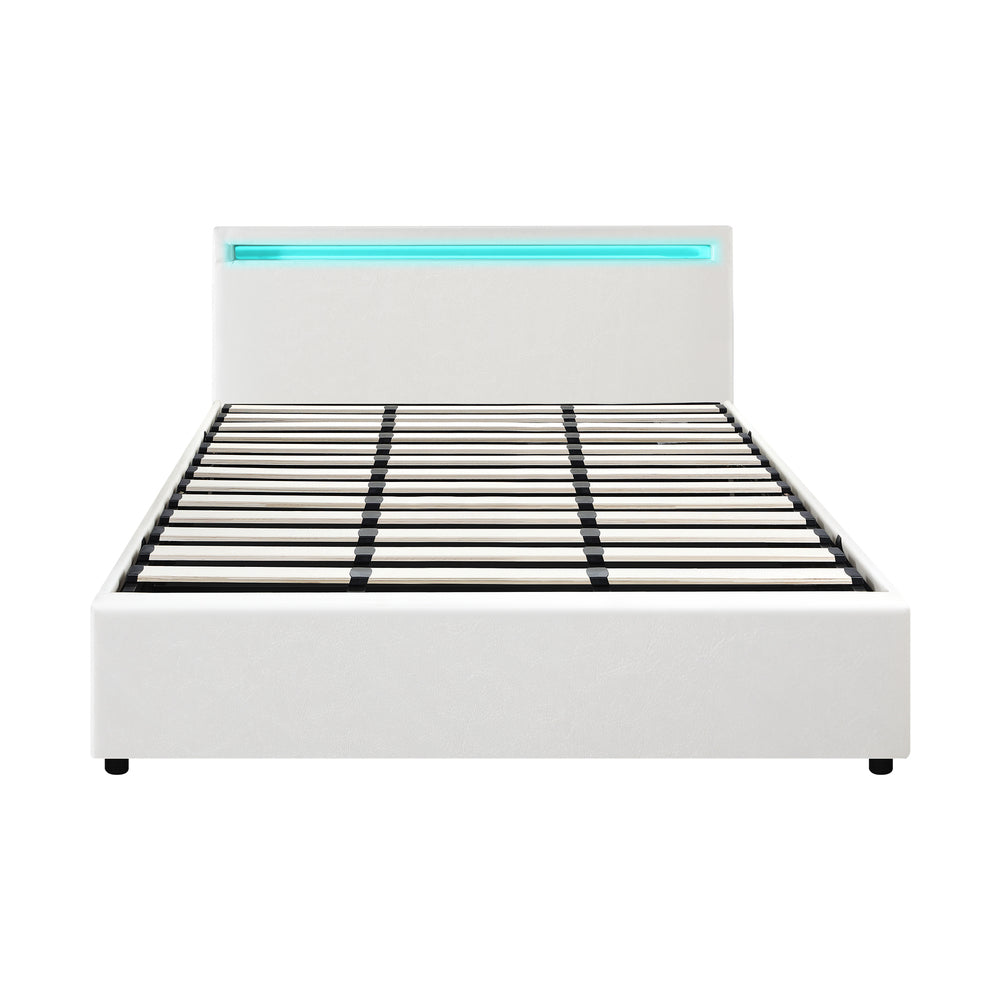 Bed Frame RGB LED King Single/Queen/Double Gas Lift Storage Base White