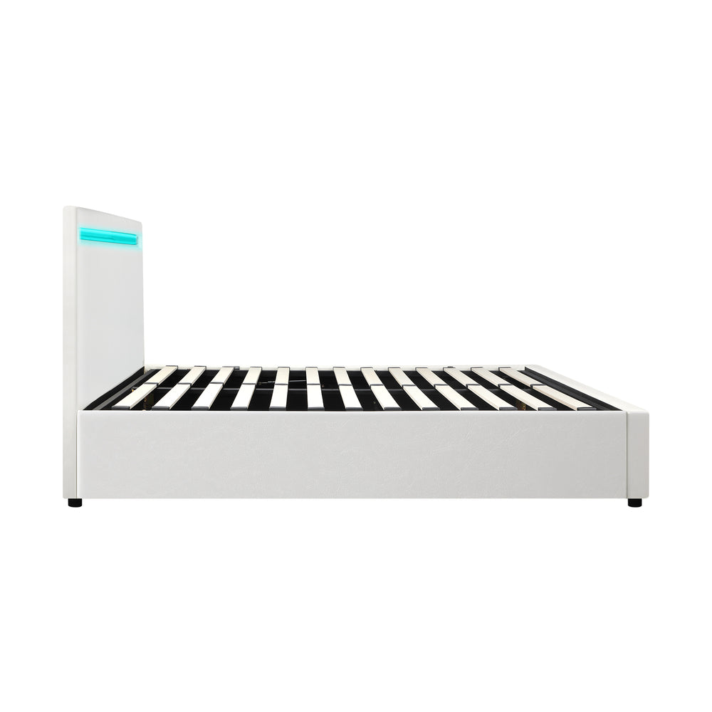 Bed Frame RGB LED King Single/Queen/Double Gas Lift Storage Base White