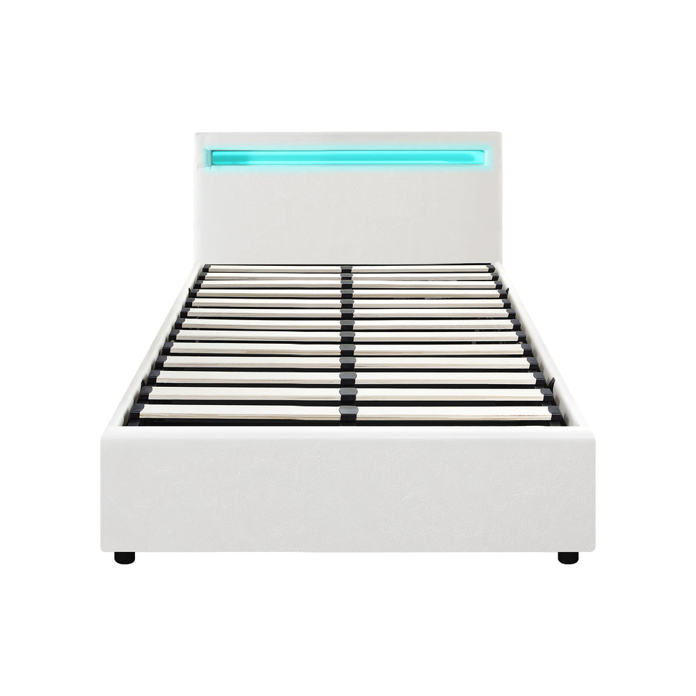 Bed Frame RGB LED King Single/Queen/Double Gas Lift Storage Base White