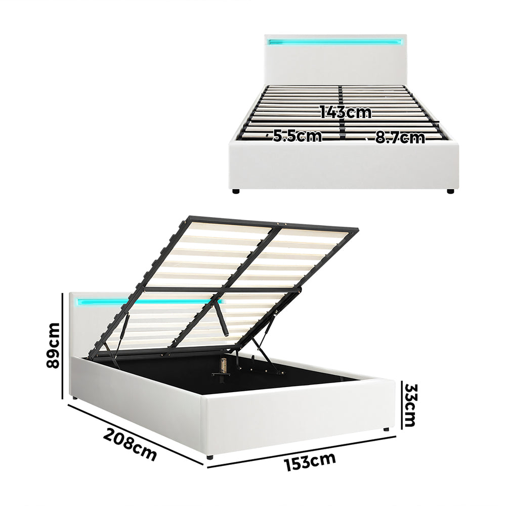 Bed Frame RGB LED King Single/Queen/Double Gas Lift Storage Base White