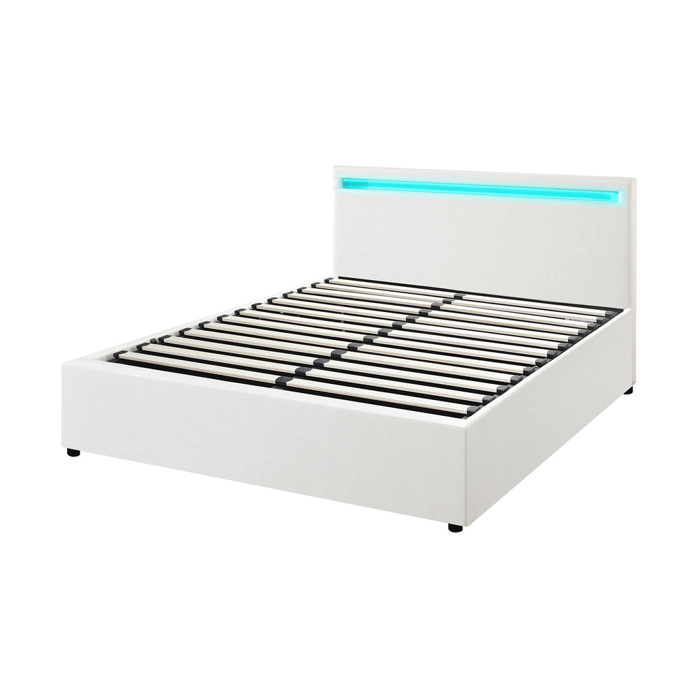 Bed Frame RGB LED King Single/Queen/Double Gas Lift Storage Base White