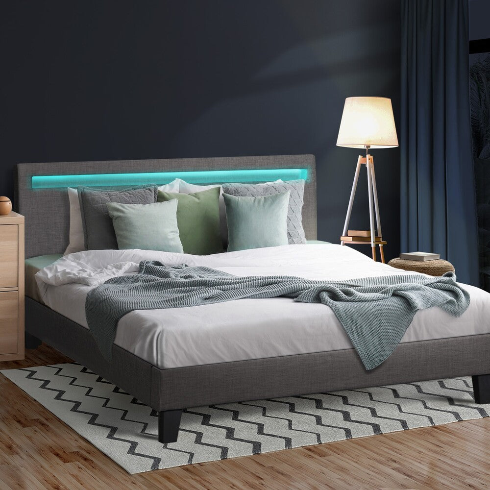 Modern Wooden Grey Fabric Bed Frame with RGB LED and Double Size Mattress Base