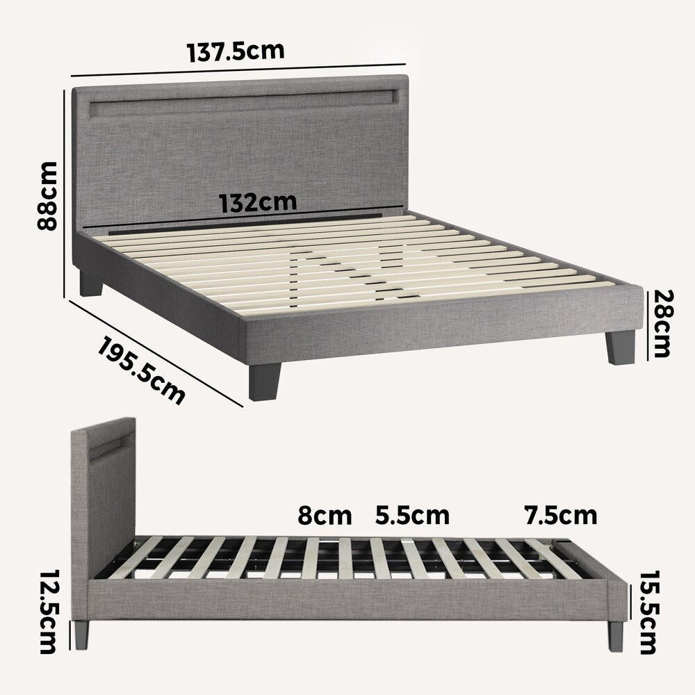 Modern Wooden Grey Fabric Bed Frame with RGB LED and Double Size Mattress Base