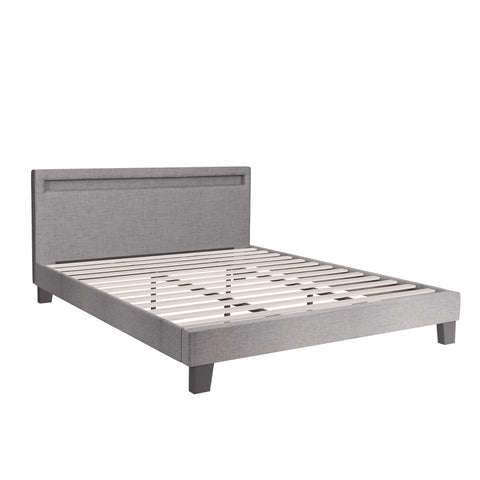 Experience the Stylish Grey Fabric Platform Bed Frame with Wooden Accents