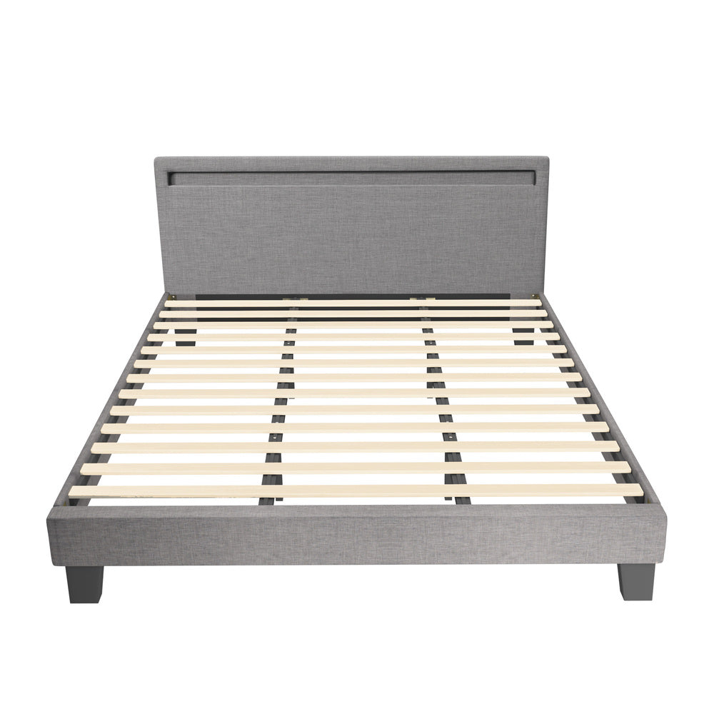 Experience the Stylish Grey Fabric Platform Bed Frame with Wooden Accents