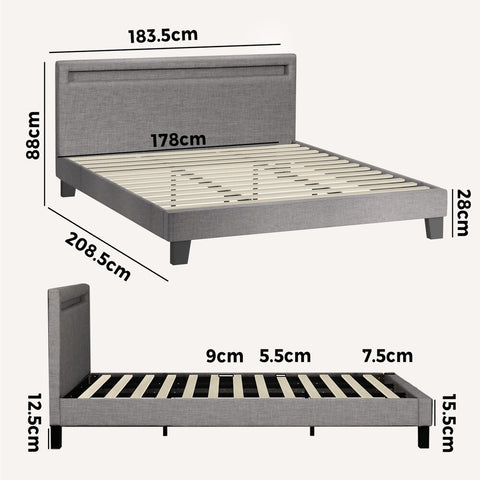 Experience the Stylish Grey Fabric Platform Bed Frame with Wooden Accents