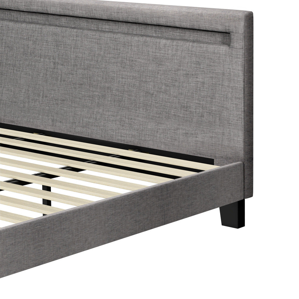 Experience the Stylish Grey Fabric Platform Bed Frame with Wooden Accents