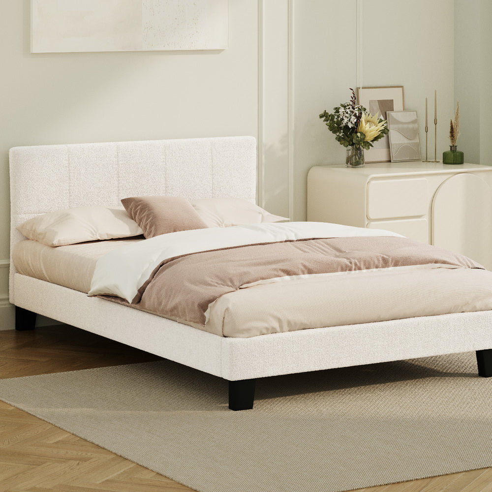 Bed Frame Double Size Base White Boucle TOFU