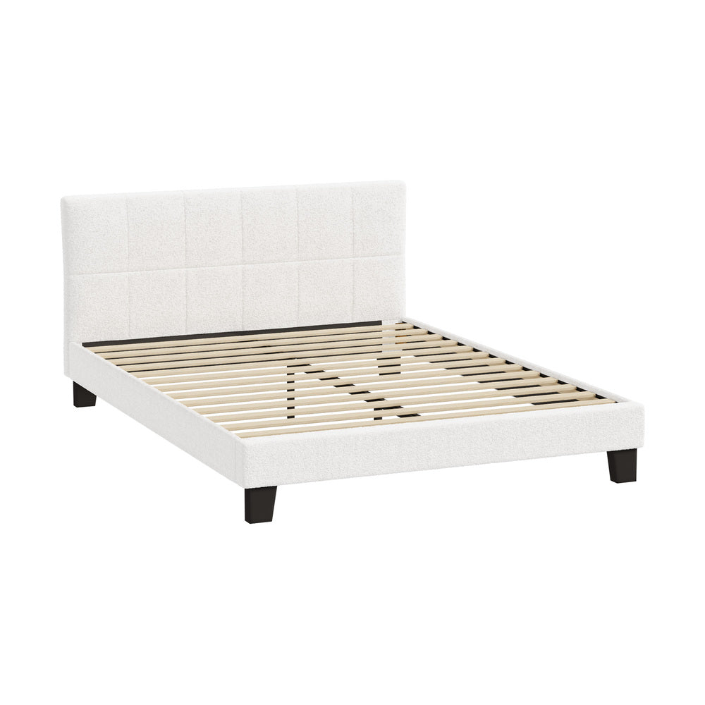 Bed Frame Queen Size Base White Boucle TOFU