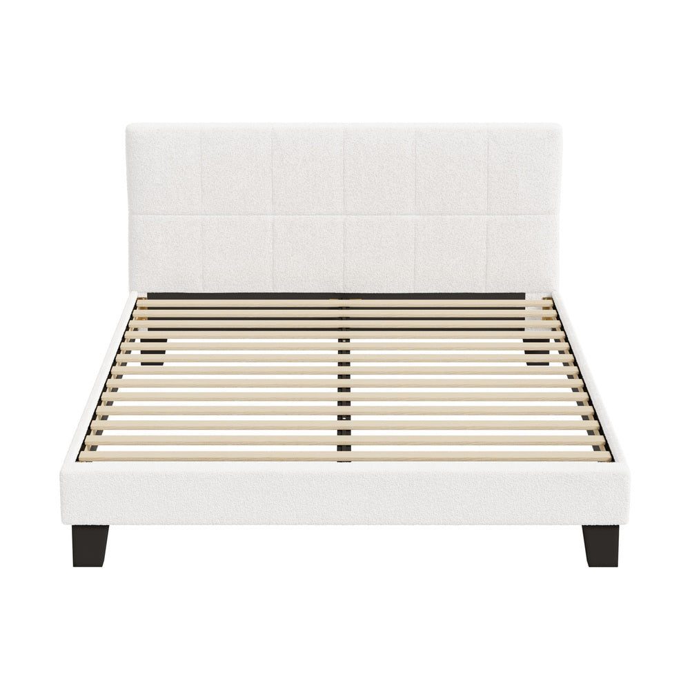 Bed Frame Queen Size Base White Boucle TOFU