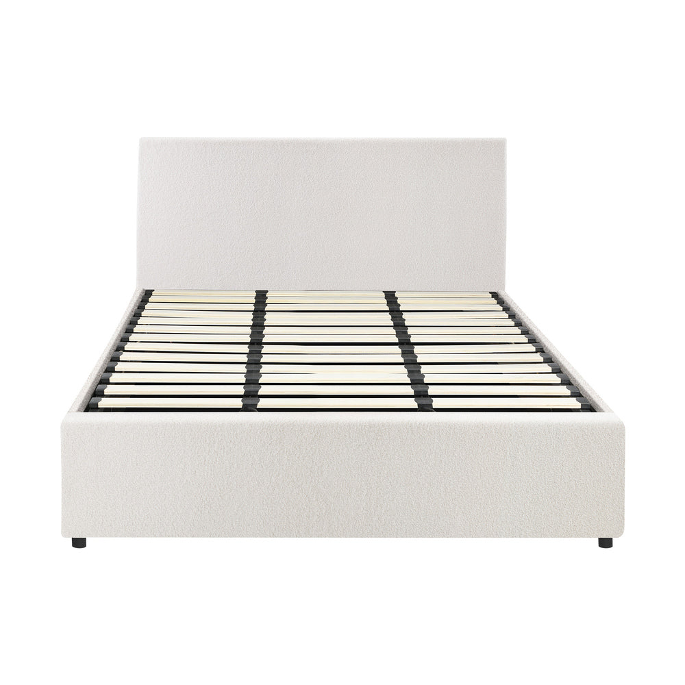 Queen/King/Single/Double Bed Frame Gas Lift Storage Base White Boucle