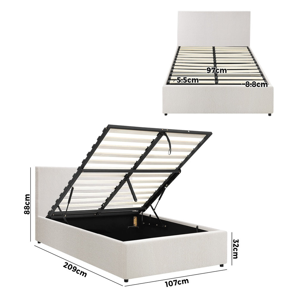 Queen/King/Single/Double Bed Frame Gas Lift Storage Base White Boucle