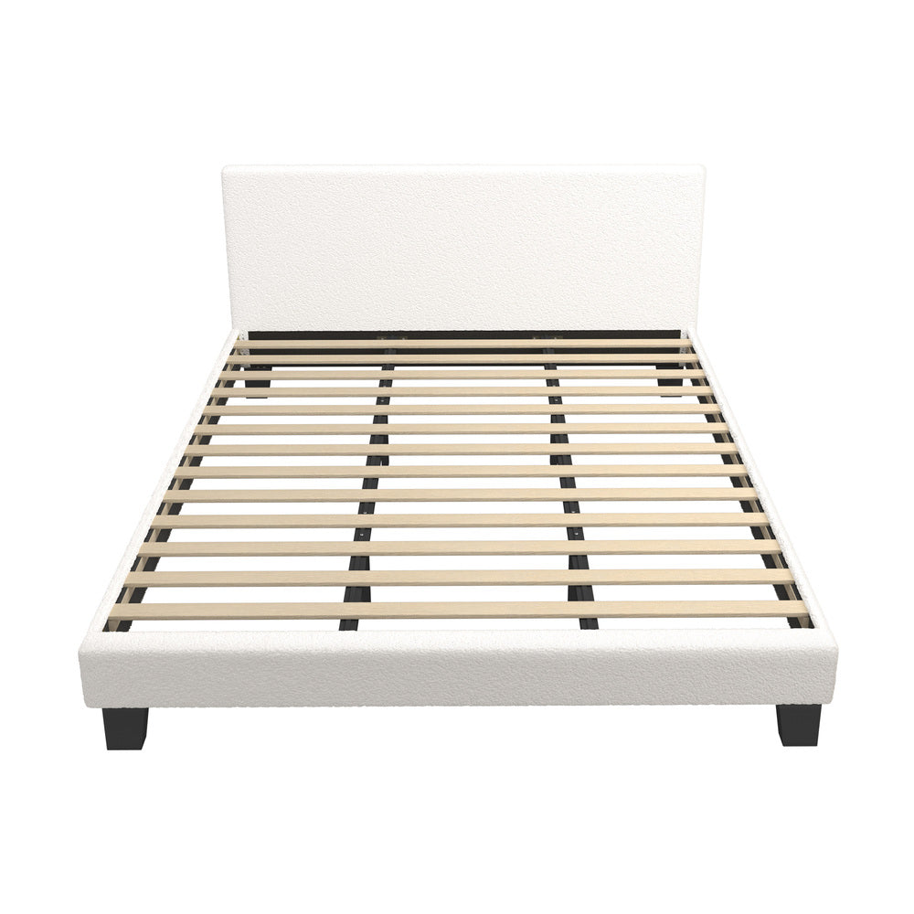 King Bed Frame with Wooden Slats and Boucle Fabric Bed Base Mattress Platfrom White