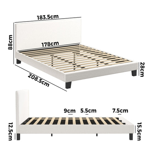 King Bed Frame with Wooden Slats and Boucle Fabric Bed Base Mattress Platfrom White