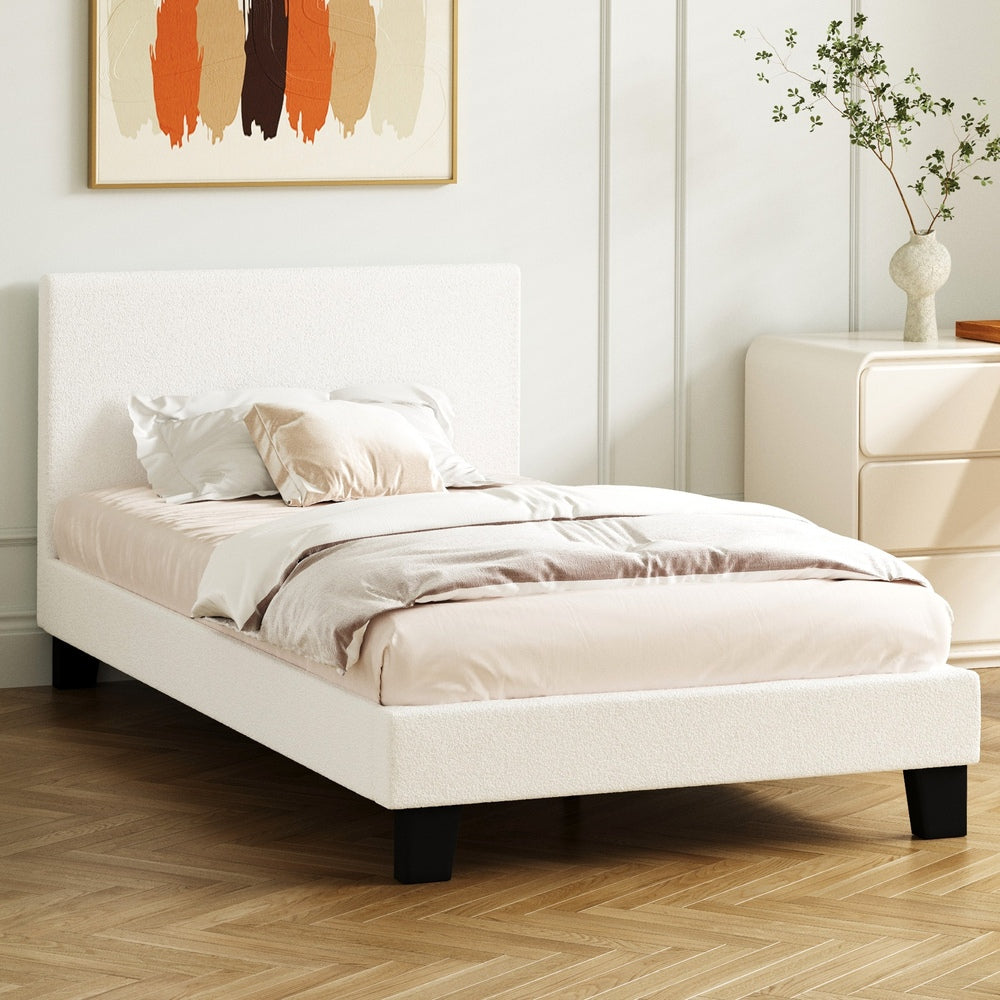 King Single Bed Frame with Wooden Slats and Boucle Fabric Bed Base Mattress Platfrom White