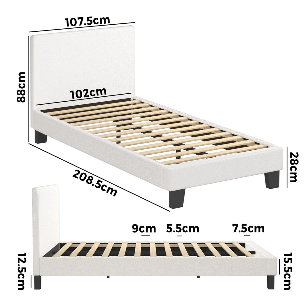 King Single Bed Frame with Wooden Slats and Boucle Fabric Bed Base Mattress Platfrom White