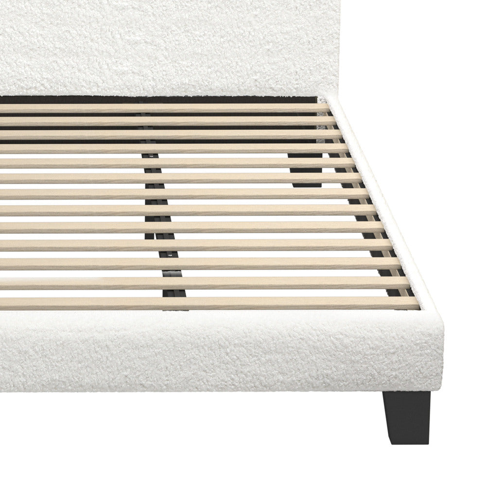 King Single Bed Frame with Wooden Slats and Boucle Fabric Bed Base Mattress Platfrom White